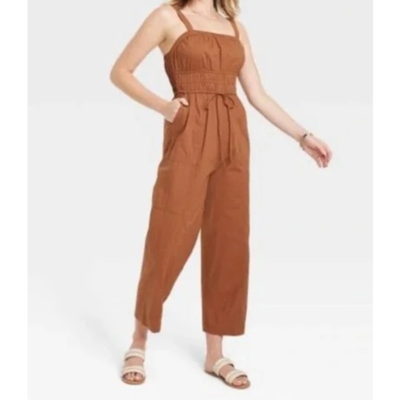 Universal Thread Smocked Waist Square Neck Straight Leg Jumpsuit Brown Medium