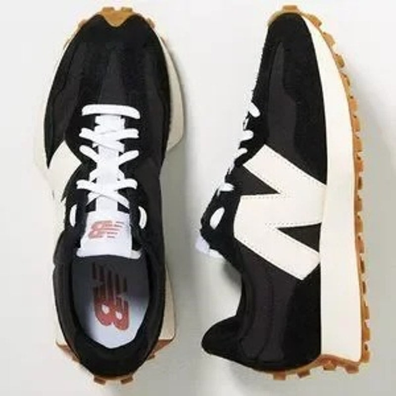 New Balance 327 Synthetic Suede N Logo Low Top Sneakers Black White Gum 7.5