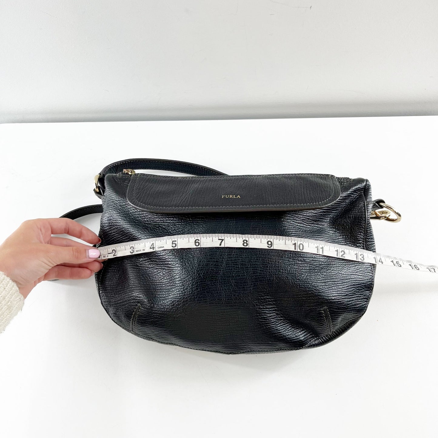 Furla Black Textured Genuine Leather Flapover Shoulder Bag