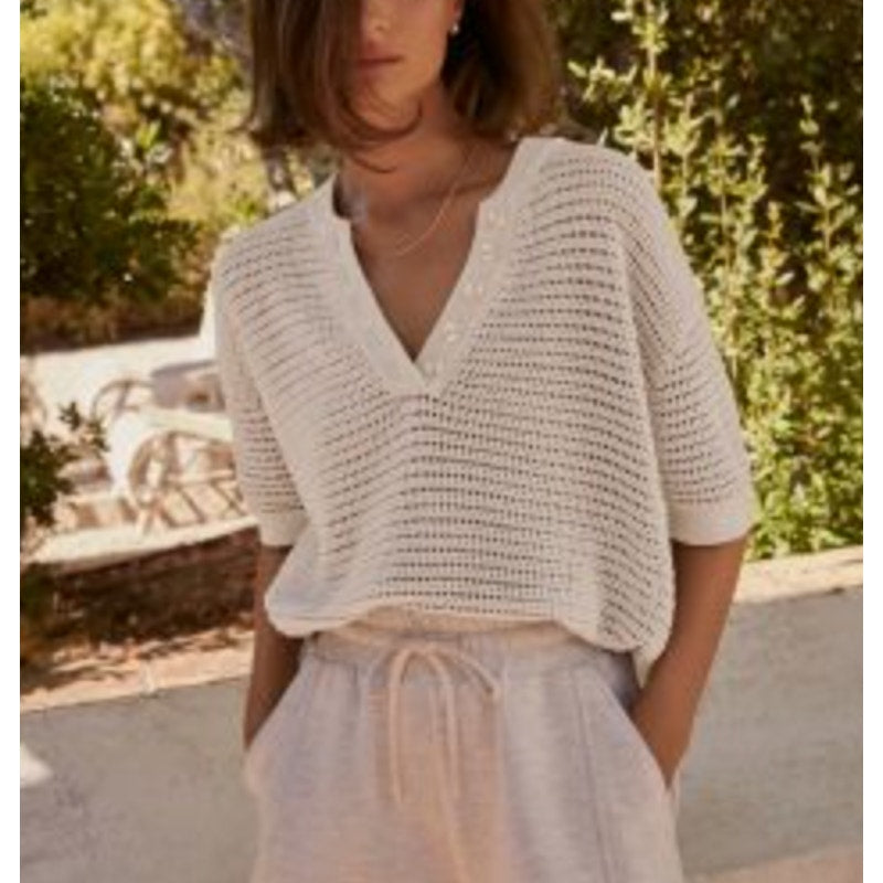 Varley Callie Knit Short Sleeve Sweater Top Cream Egret Small