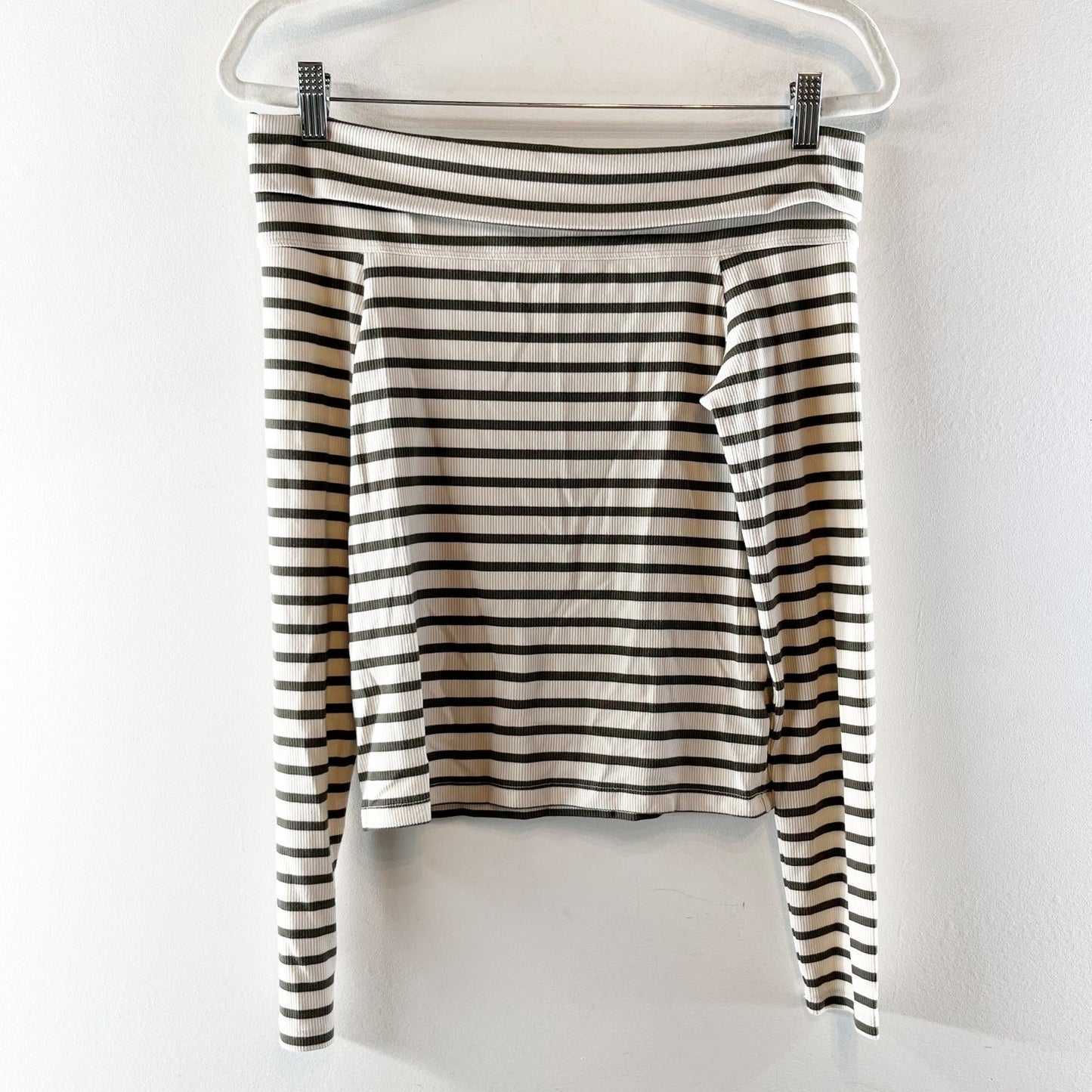 American Eagle Off The Shoulder Long Sleeve Ribbed Striped Top Cream Green M