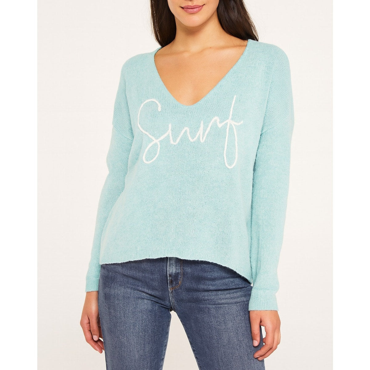 Mia & Tess Long Sleeve V Neck Surf Embroidered Sweater Teal Turquoise XL