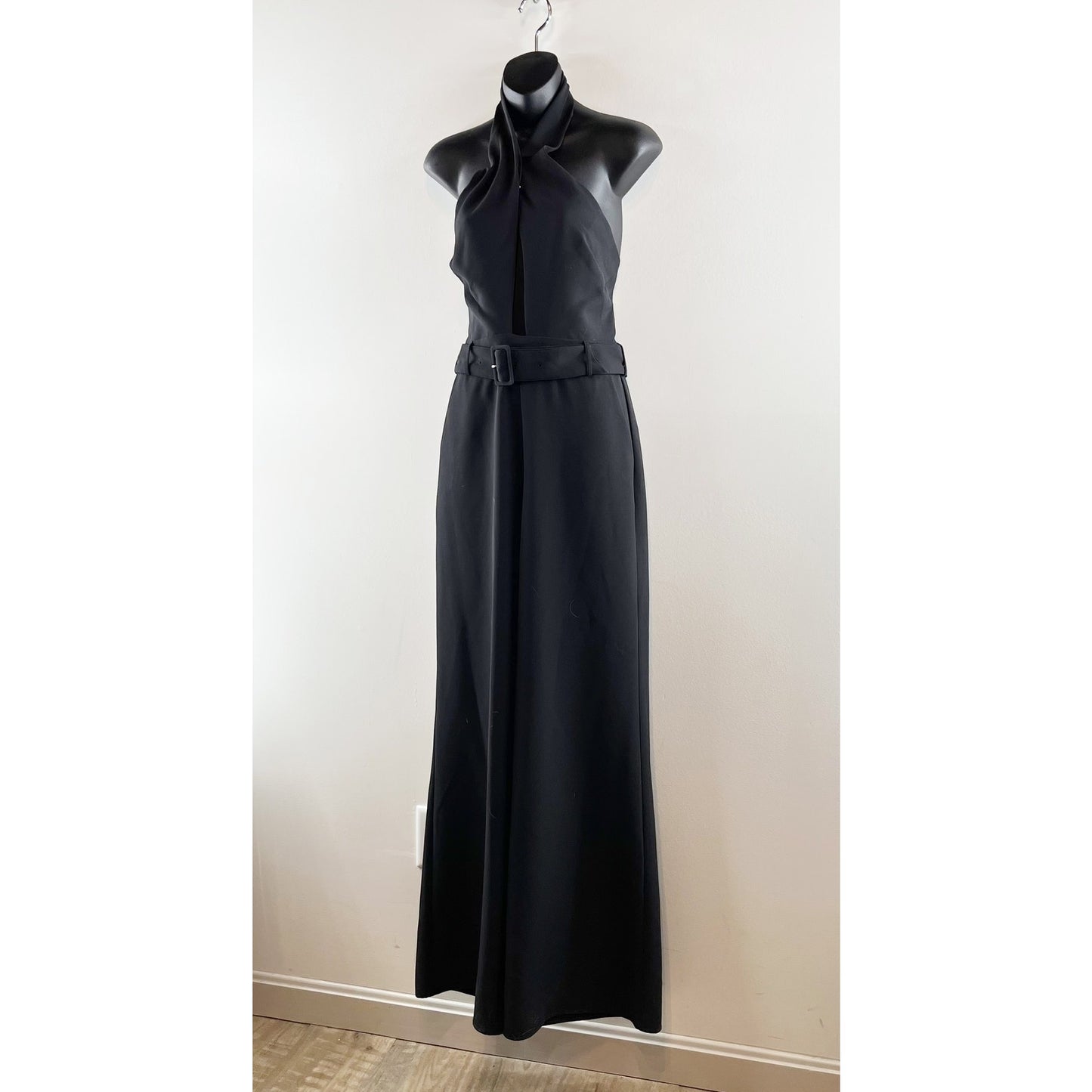 INTERMIX Motobi Halter Neck Keyhole Front Belted Wide Leg Jumpsuit Black Medium