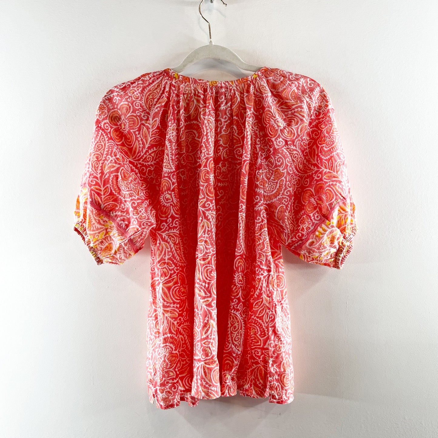 Cleobella Layla Short Puff Sleeve Button Front Tassel Drawstring Blouse Orange