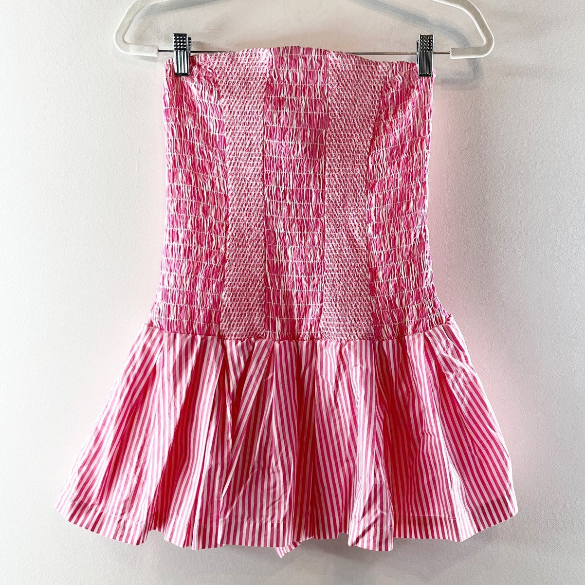 Celandine Anthropologie Strapless Drop-Waist Mini Striped Romper Red Pink Small