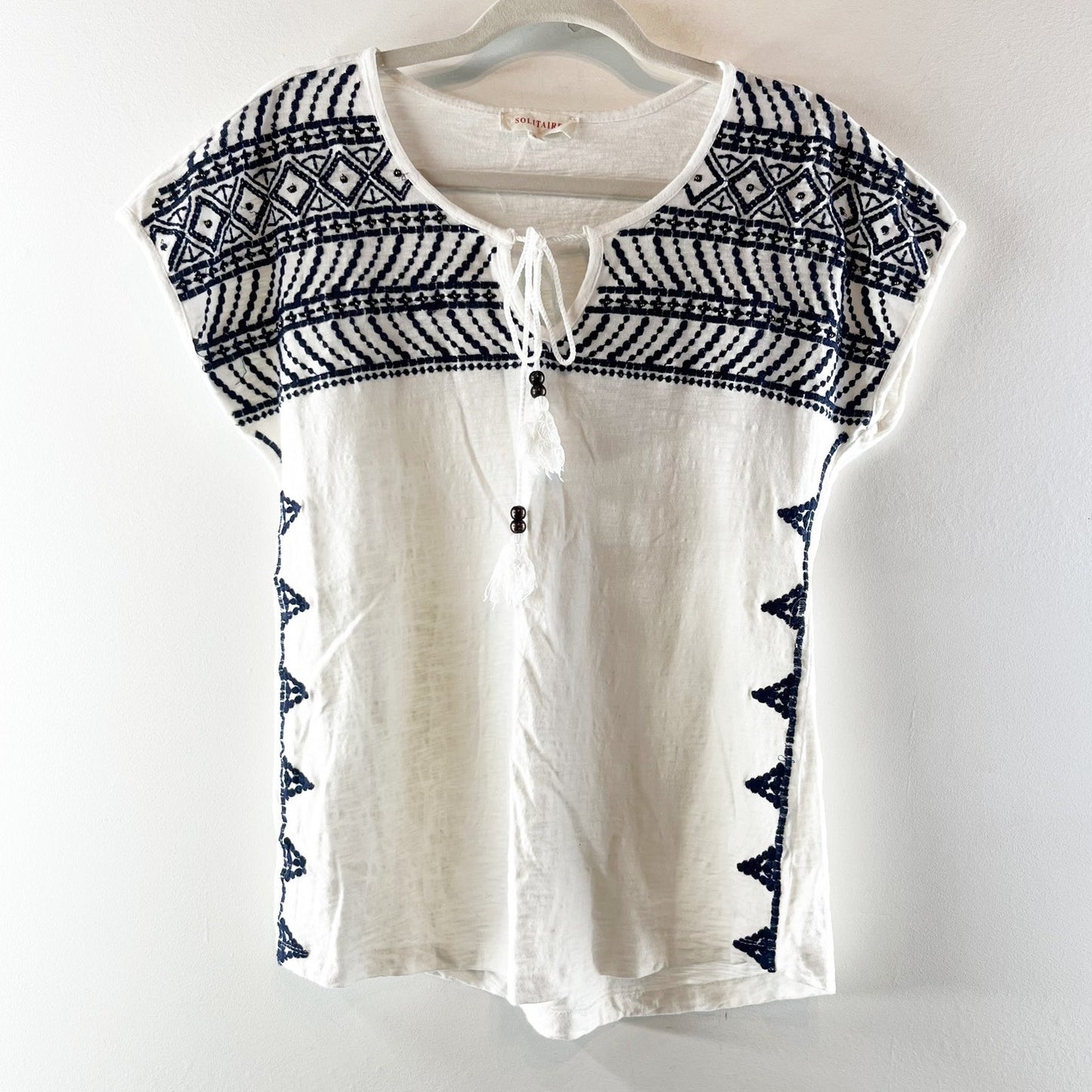 Solitaire Embroidered Short Cap Sleeve Cotton Top Blouse White Black Small