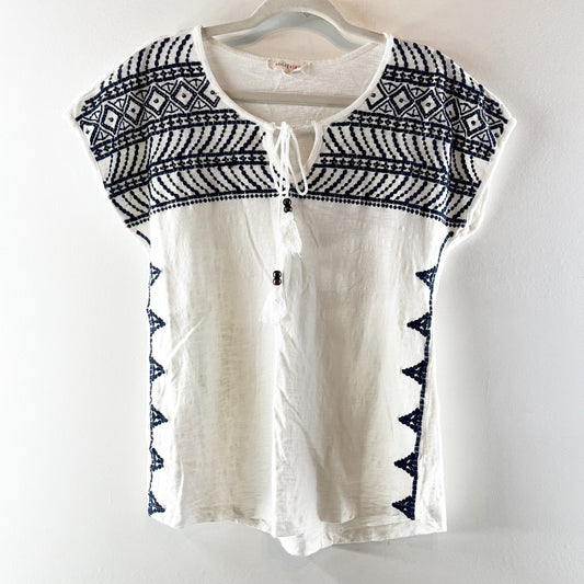 Solitaire Embroidered Short Cap Sleeve Cotton Top Blouse White Black Small