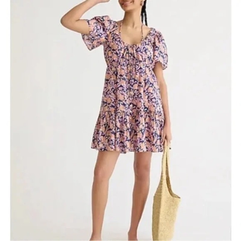 J. Crew Button Up Cotton Short Sleeve Tie Front Floral Print Beach Mini Dress S
