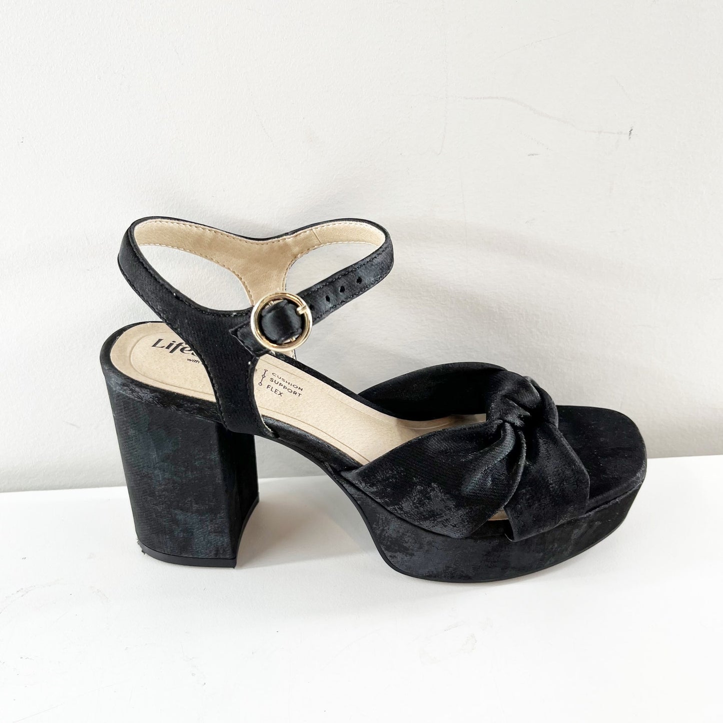 LifeStride August Square Toe Block Heel Platform Ankle Strap Sandals Black 6