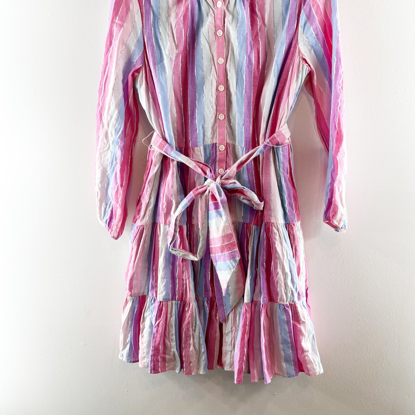 J. Crew Belted Button Up Long Sleeve Mini Dress in Pastel Stripe Purple Pink M