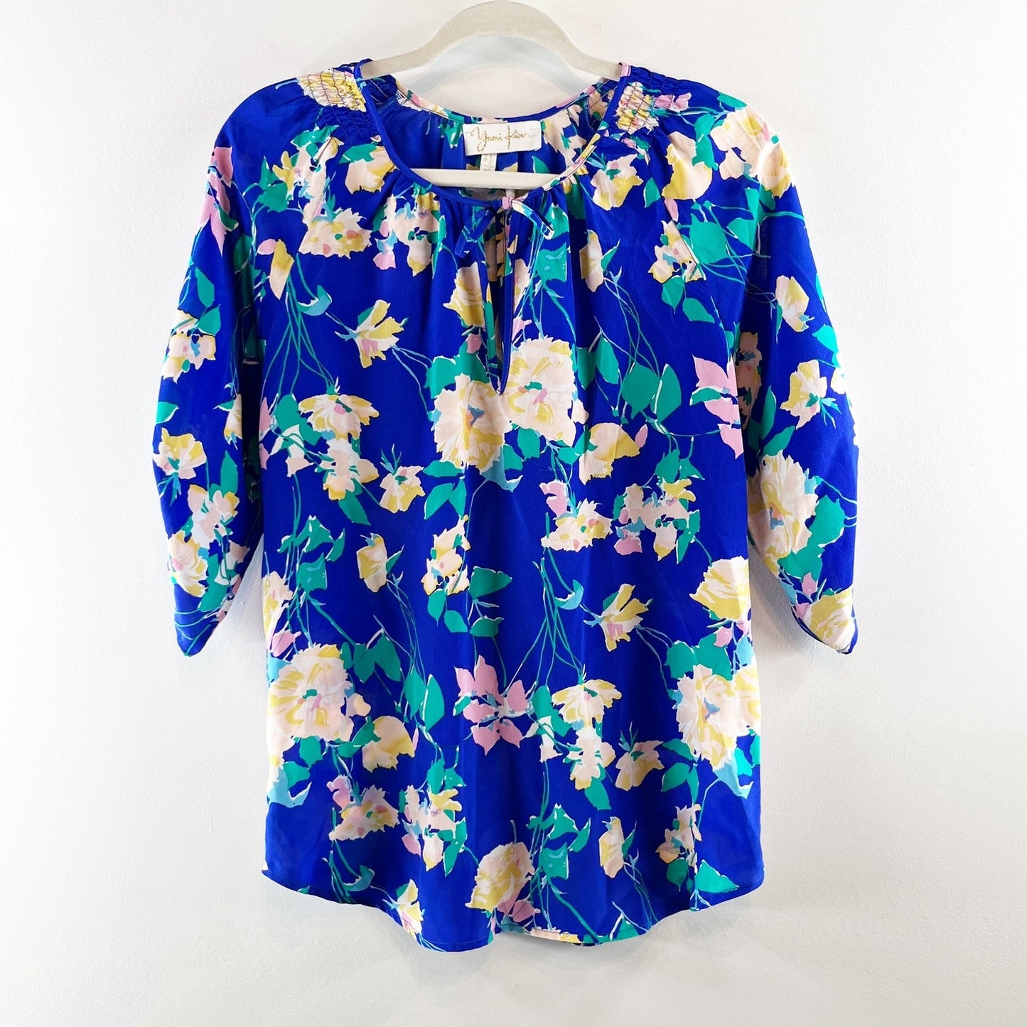 Yumi Kim Blue Floral 100% Silk 3/4 Sleeve Blouse Top Shirt Blue Yellow  XS