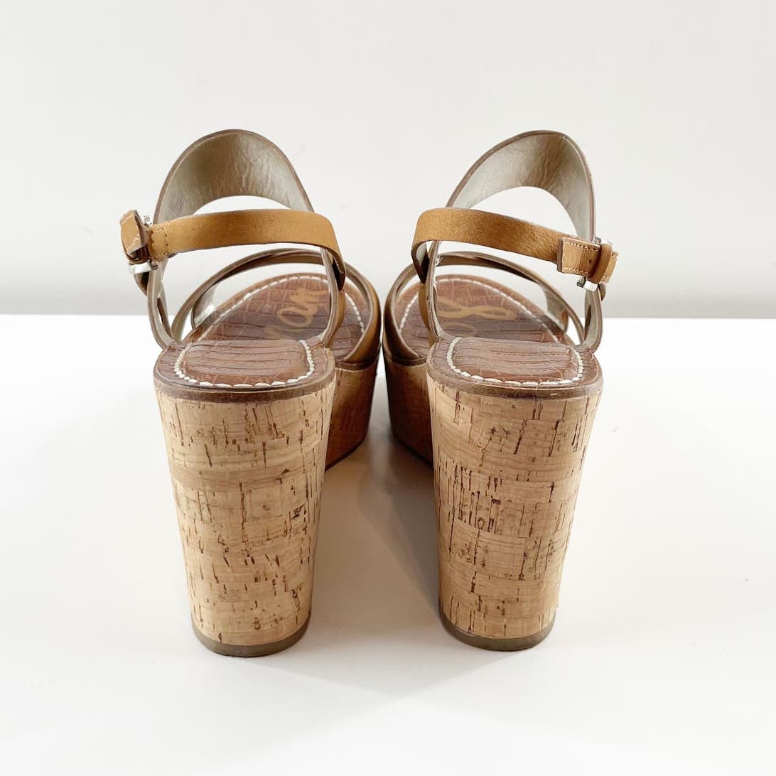 Sam Edelman Destiny Leather Cork Wedge Sandal Heels Cognac Brown Tan 10