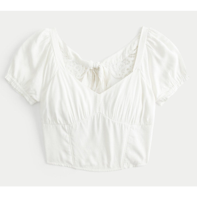Hollister Lace Open Tie Back Sweetheart Neckline Cropped Top White Small