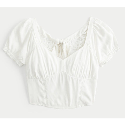 Hollister Lace Open Tie Back Sweetheart Neckline Cropped Top White Small