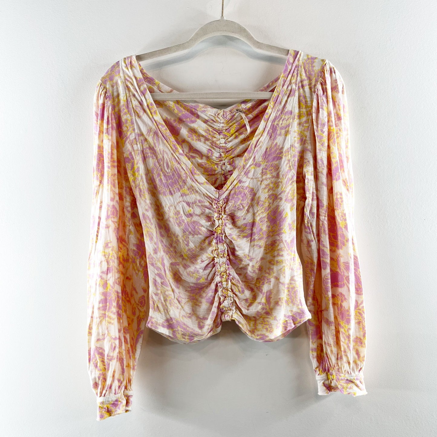 Free People Say The Word Ruched Floral Long Sleeve Top Pink Yellow Small