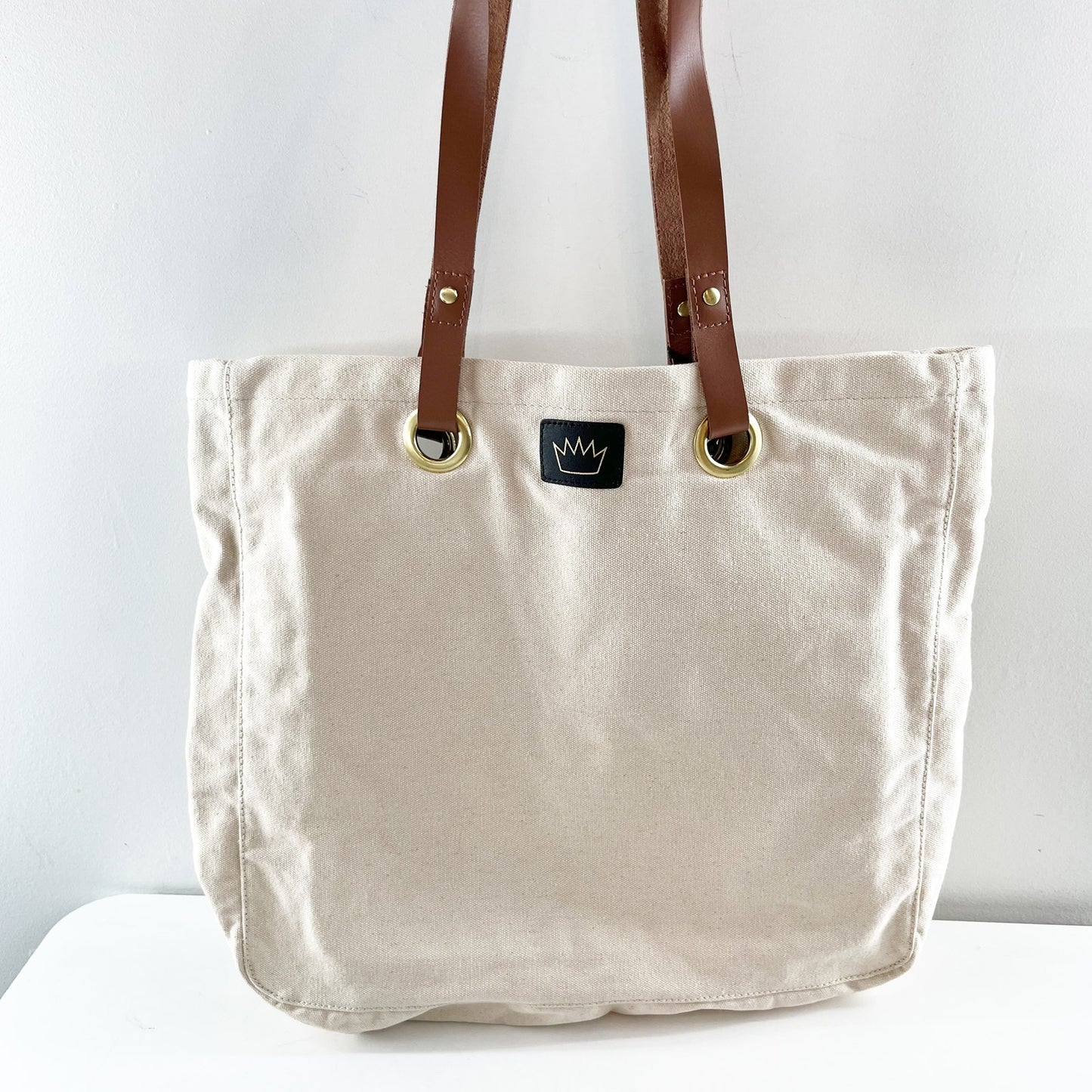 HSFT Have Some Fun Today Luxe Canvas Tote Bag Cream Black Brown