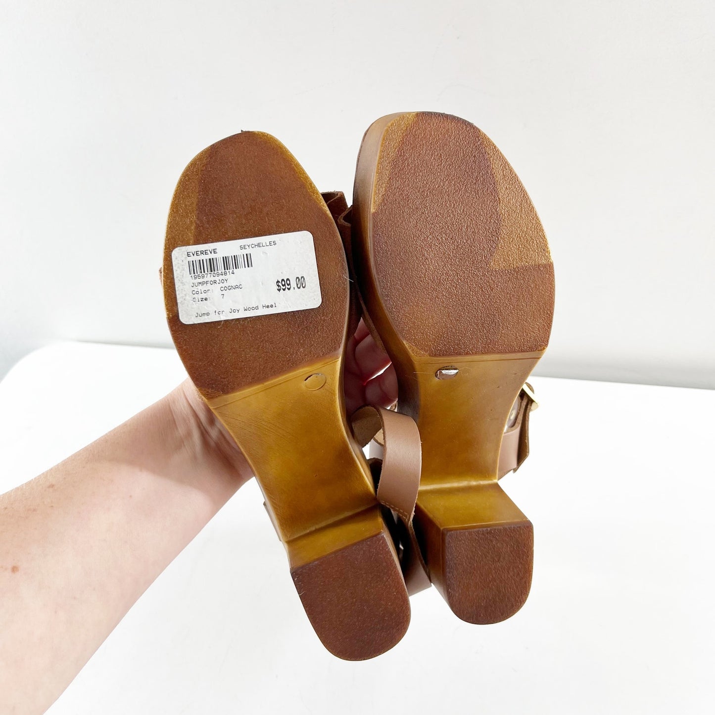 Seychelles Jump For Joy Wood Heel Leather Sandals Shoes Cognac Brown 7