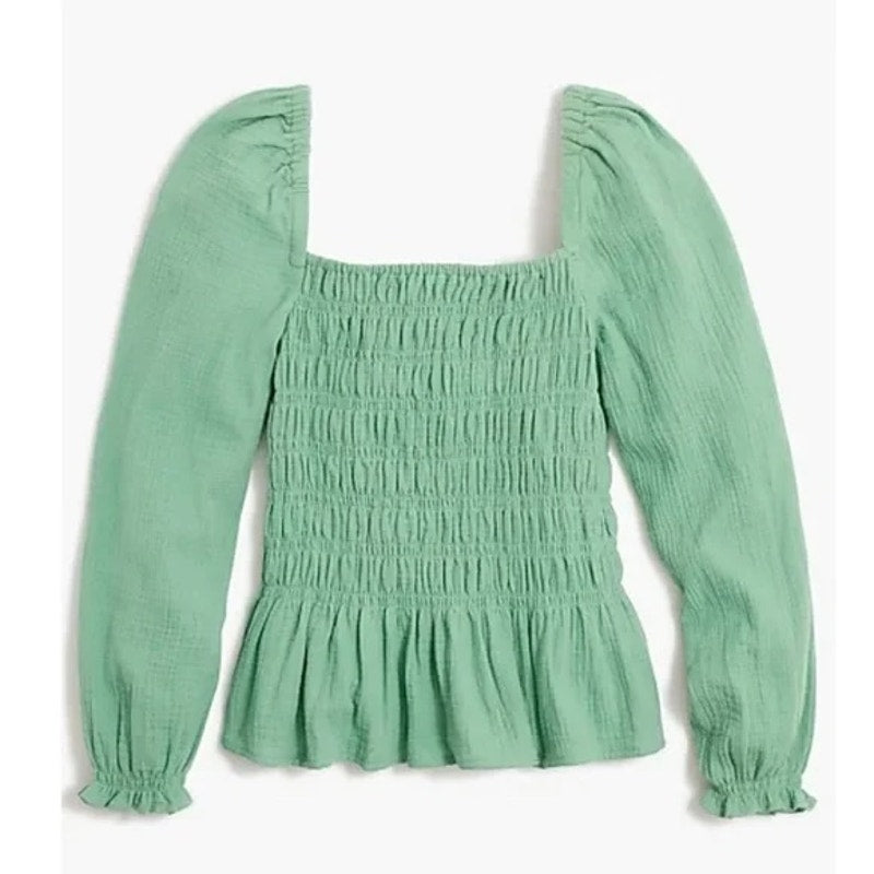 J. Crew Long Sleeve Gauze Cotton Smocked Square Neck Top Green Large