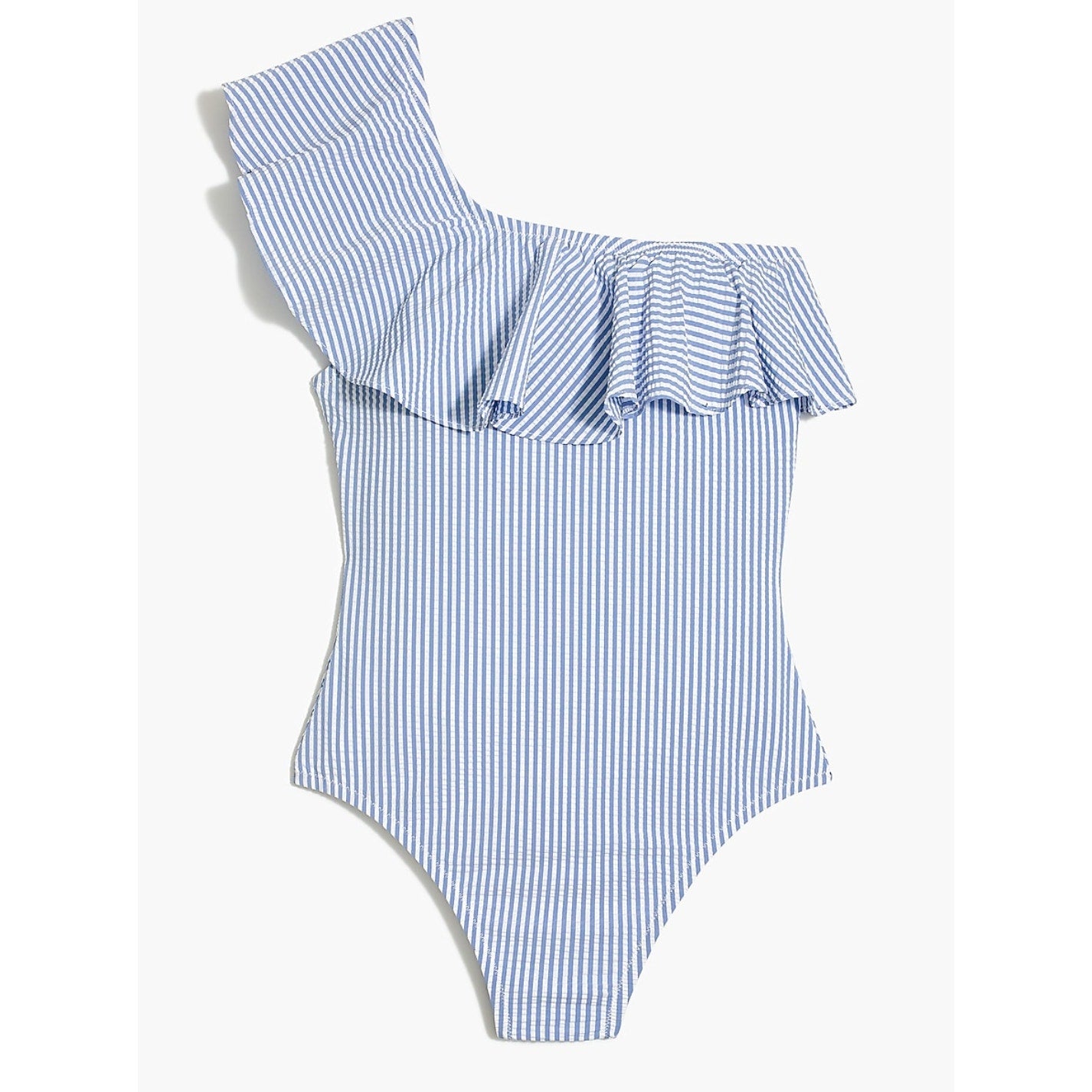 J. Crew One Shoulder Ruffle Striped Seersucker One Piece Swimsuit Blue Small