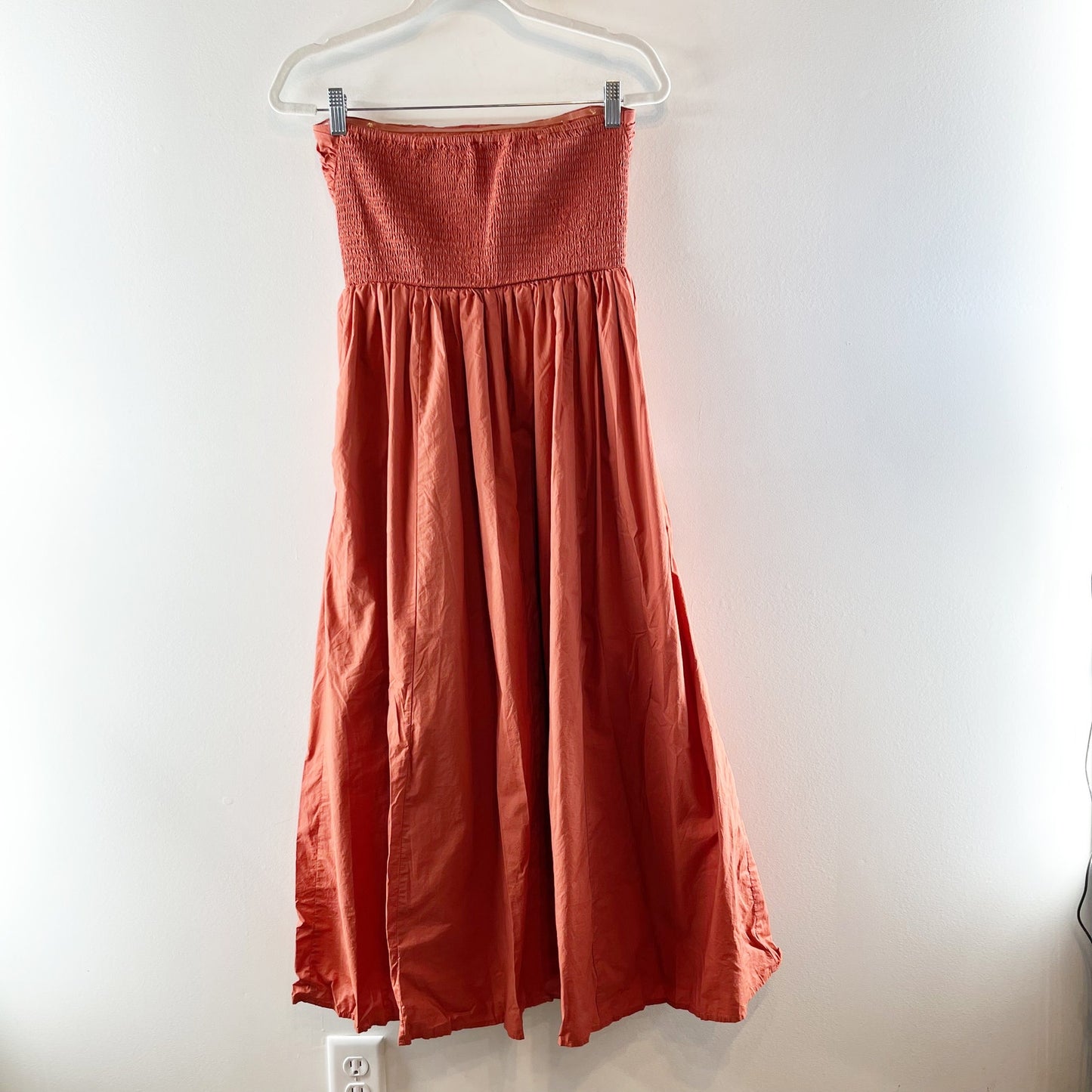American Eagle Strapless Ruched Poplin Midi Dress Terracotta Medium