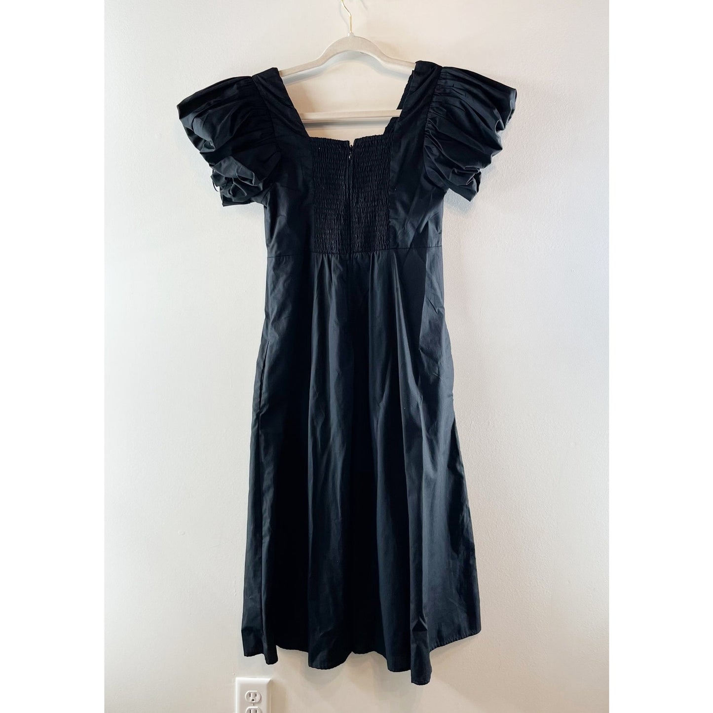 Abercrombie Short Puff Sleeve Plunge Scoop Neck Poplin Midi Dress Black Medium P