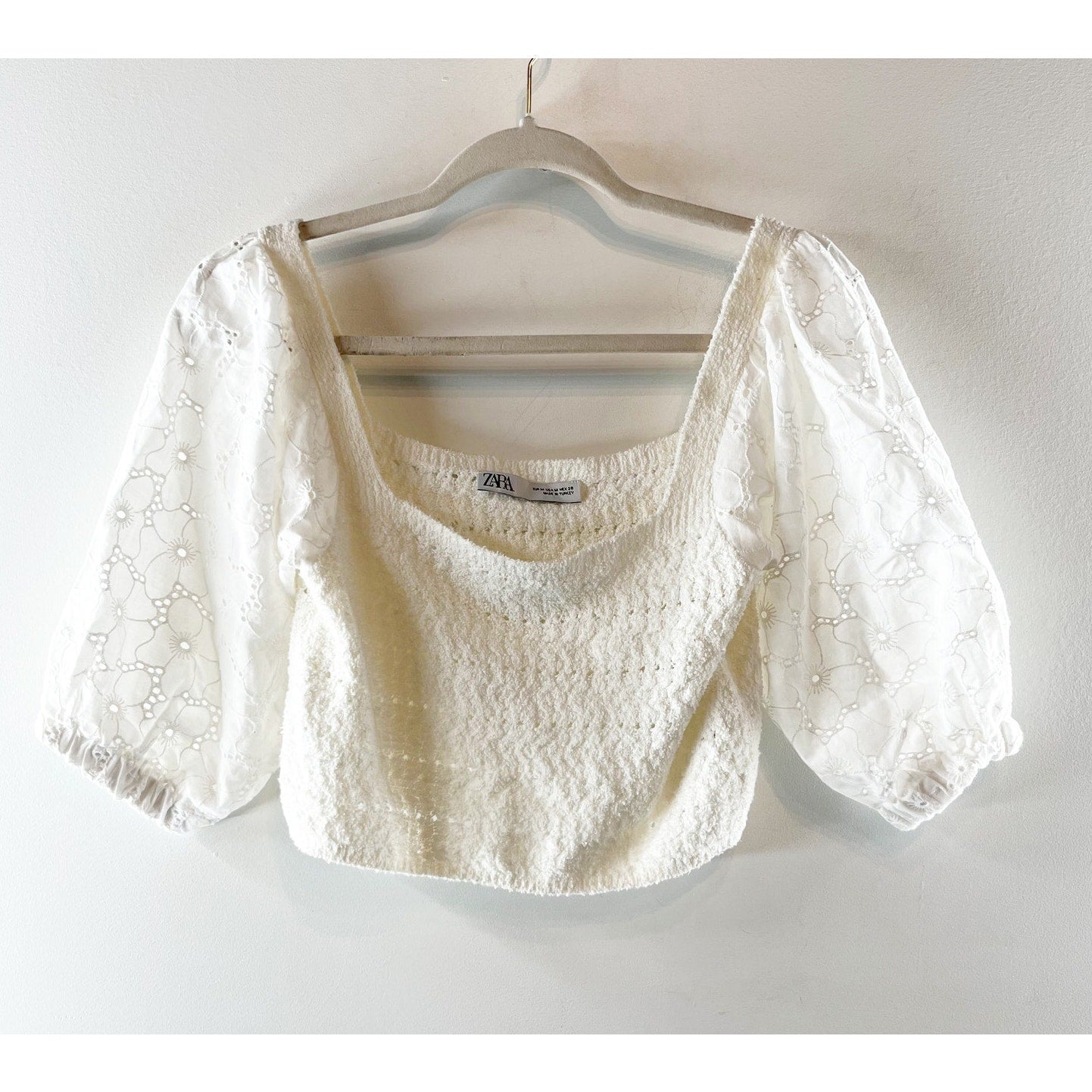 Zara Pointelle Eyelet Balloon Sleeve Square Neck Crop Top White Medium