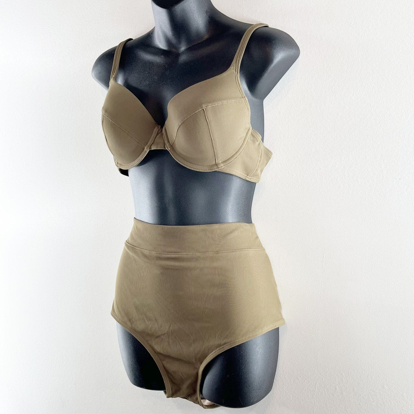 Mott50 Premium Swim 3D Ribbed Bikini Top & High Rise Bikini Bottom Set Olive XL