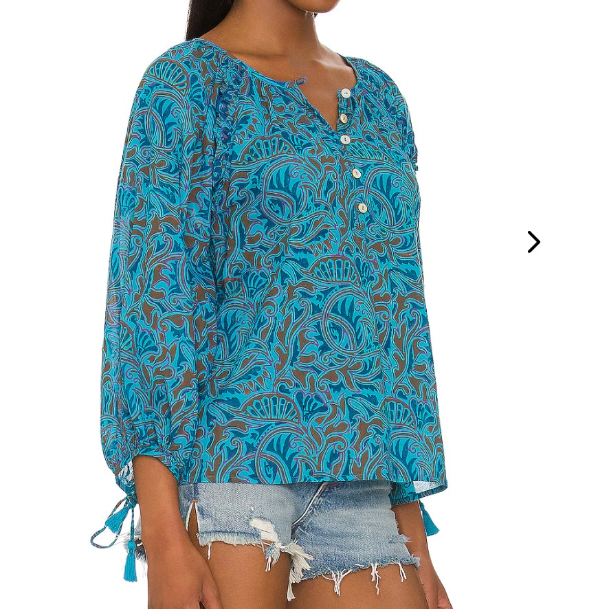 Cleobella Jayda 3/4 Sleeve Blouse in Zuri Block Print Teal Turquoise Green Blue