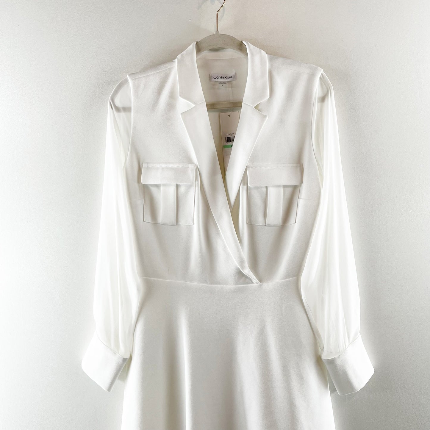 Calvin Klein V Neck Sheer Long Sleeve A Line Knee Length Dress White 8
