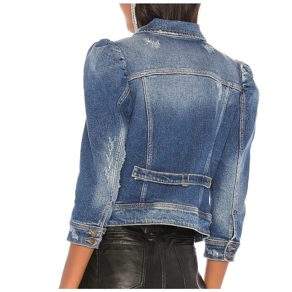 retrofete Ada Puff Sleeve Button-Front Denim Jean Jacket Worn Vintage Blue Small
