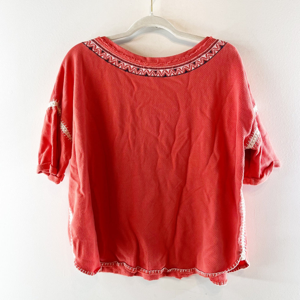 Free People Short Sleeve Cotton Embroidered Southwestern Top Coral Red Large