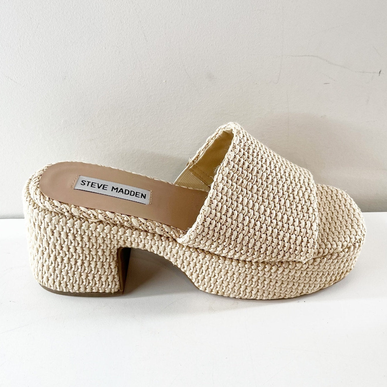 Steve Madden Troyye Platform Block Heel Raffia Sandals Bone Tan