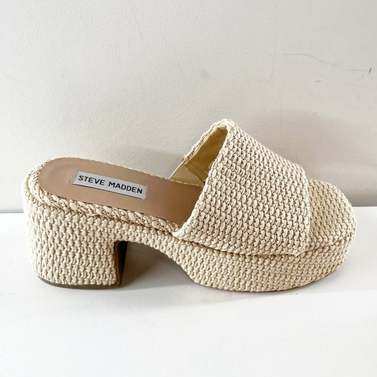 Steve Madden Troyye Platform Block Heel Raffia Sandals Bone Tan