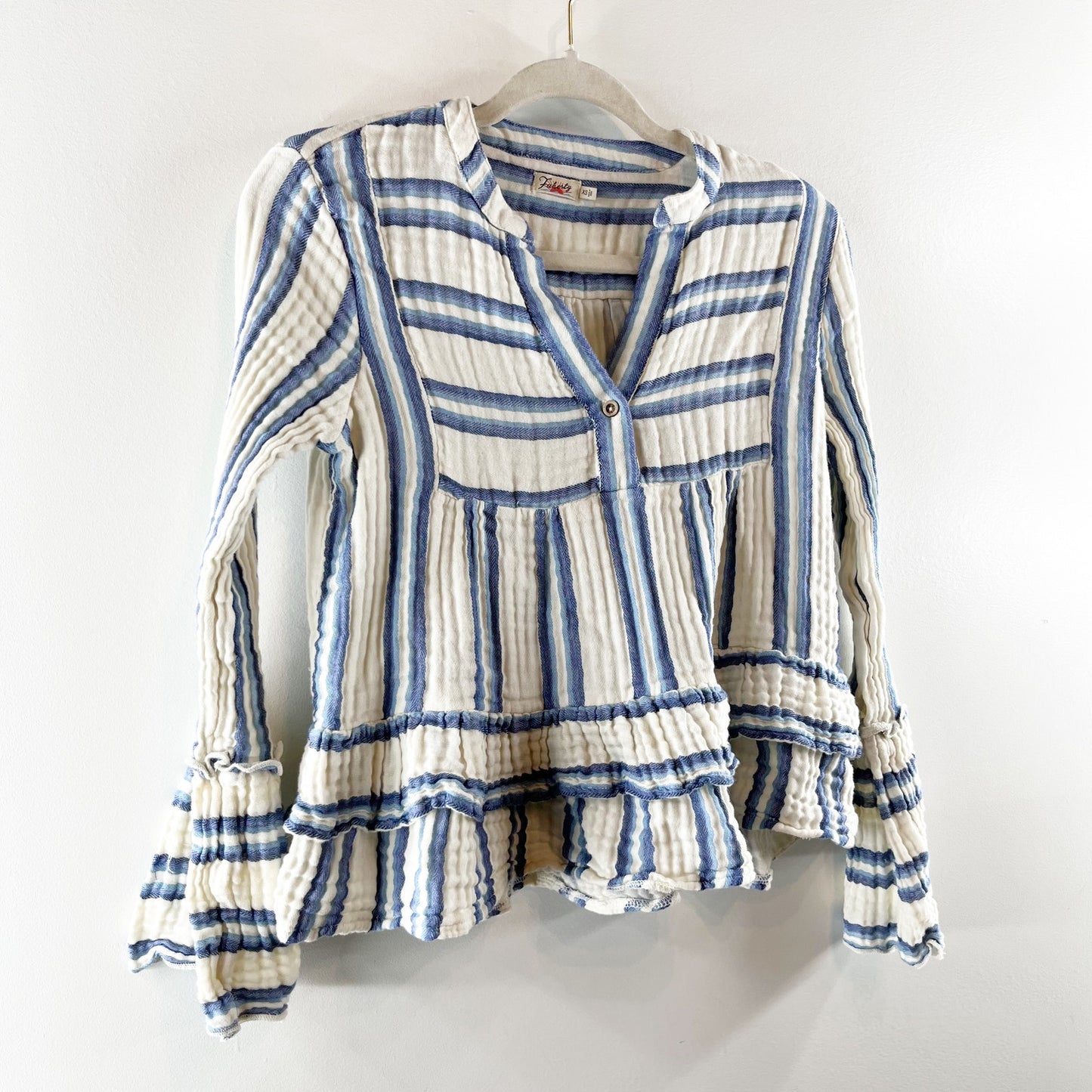 Faherty Vida Baja Striped Gauzy Cotton Long Sleeve Top Blouse White Blue XS