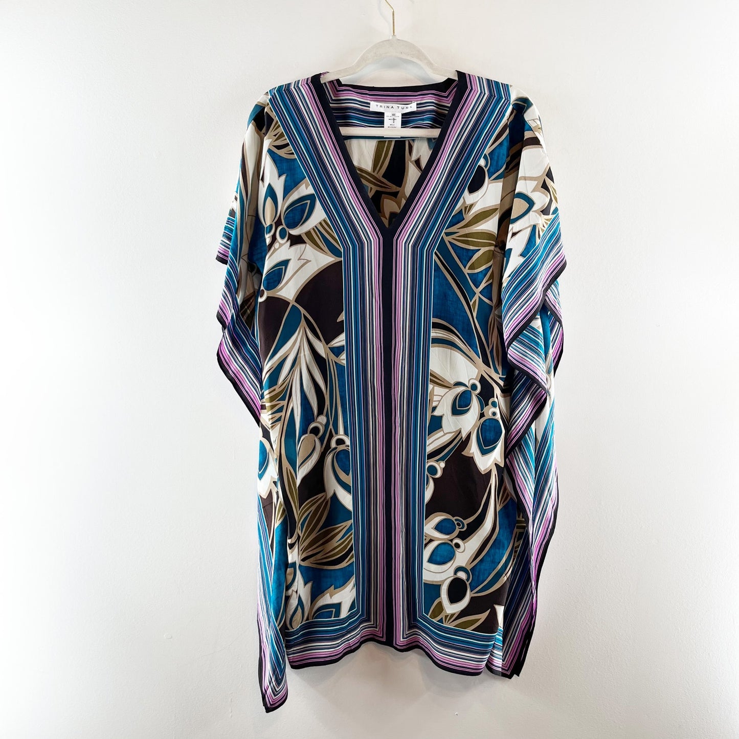 Trina Turk Theodora Tropical Kimono Sleeve V-Neck Kaftan Mini Dress Multi XS / S