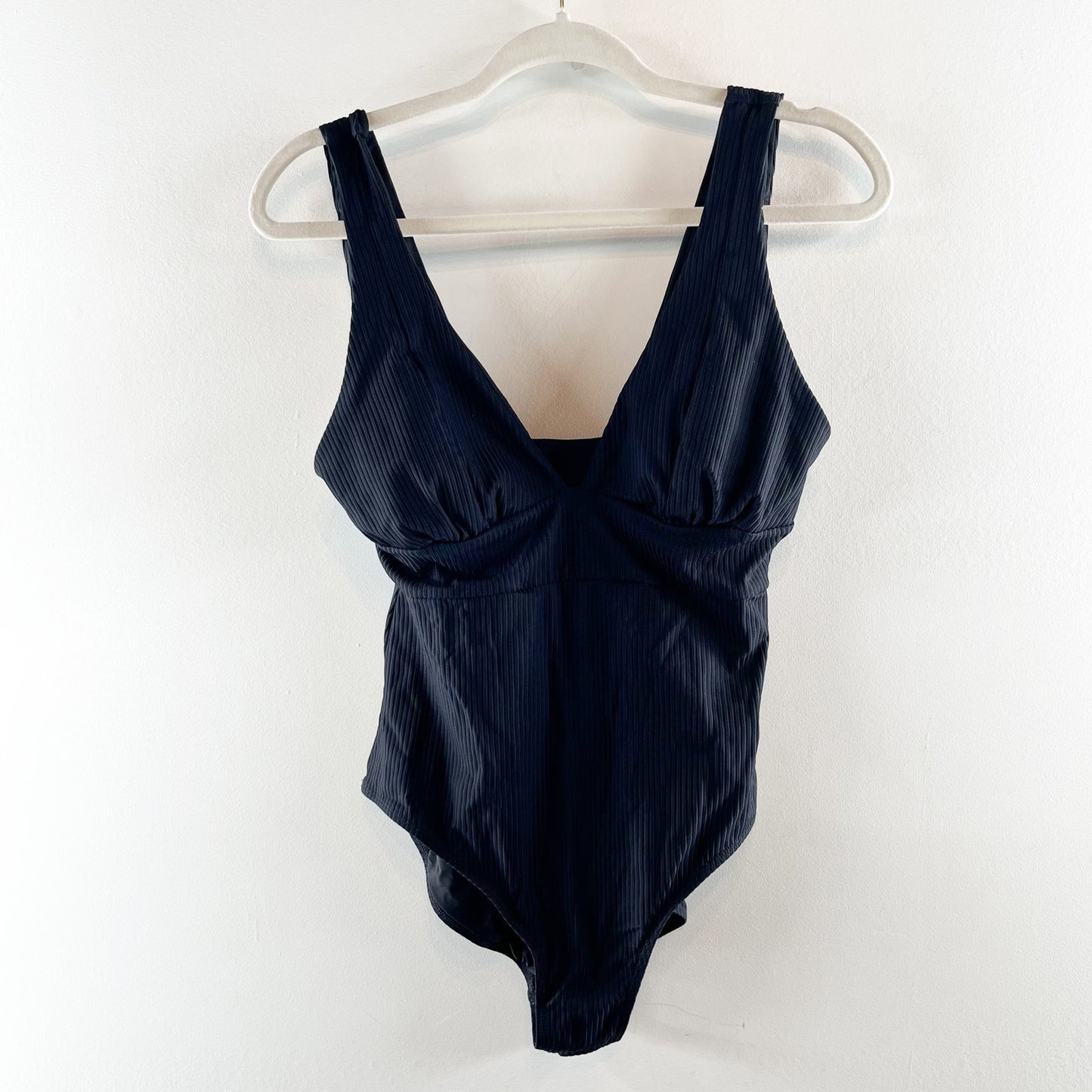Andie Swim Mykonos Plunge Ribbed One Piece Swimsuit Black Medium