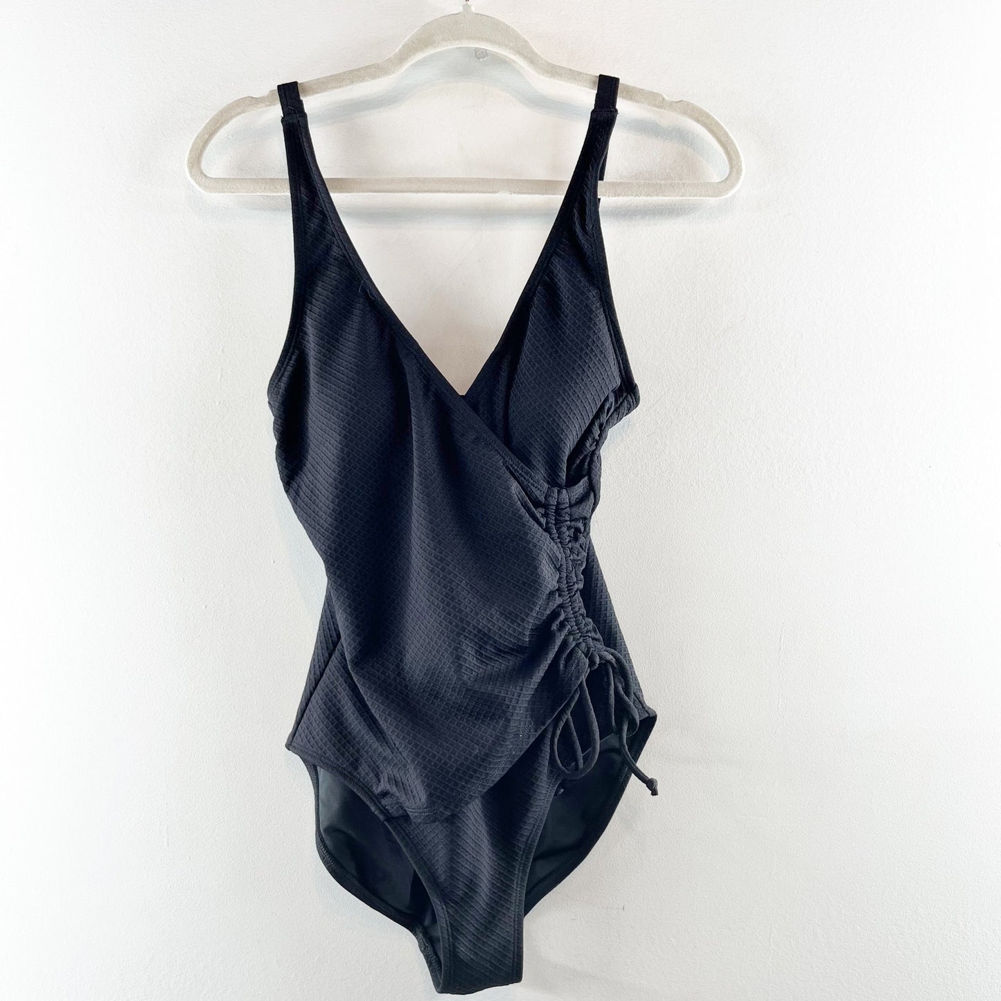 Niptuck Swim Textured V Neck Plunge Side Ruched Tie One Piece Swimsuit Black 6