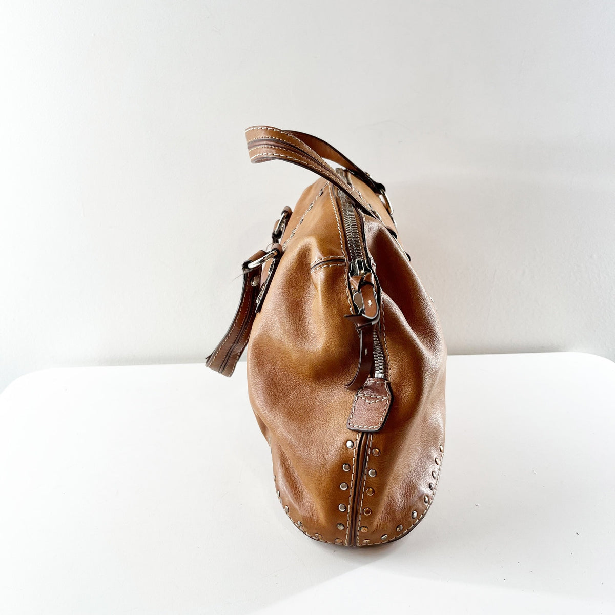 Michael Kors Studded Leather Shoulder Tote Bag Purse Brown