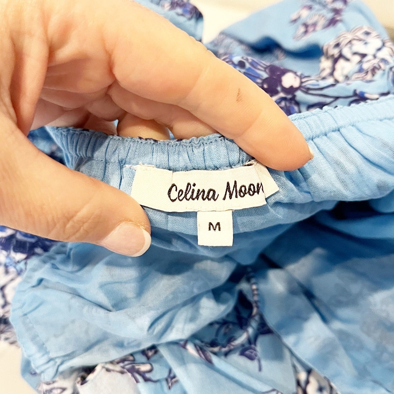 Celina Moon Short Puff Sleeve Printed Tie Front Maxi Dress Blue Medium