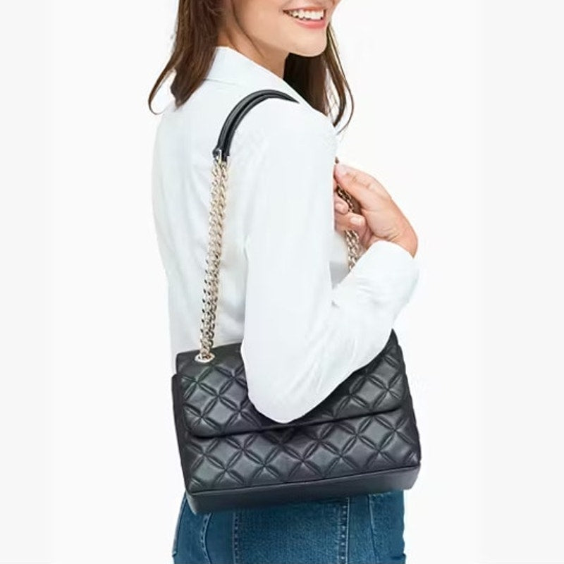 Kate Spade Natalia Quilted Black Leather Flap Shoulder Bag with Chain Strap