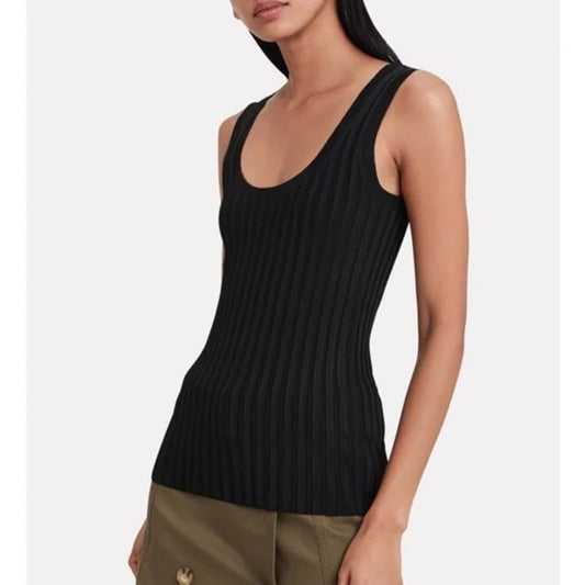 Veronica Beard Sandra Scoop Neck Ribbed Sleeveless Tank Top Black Large