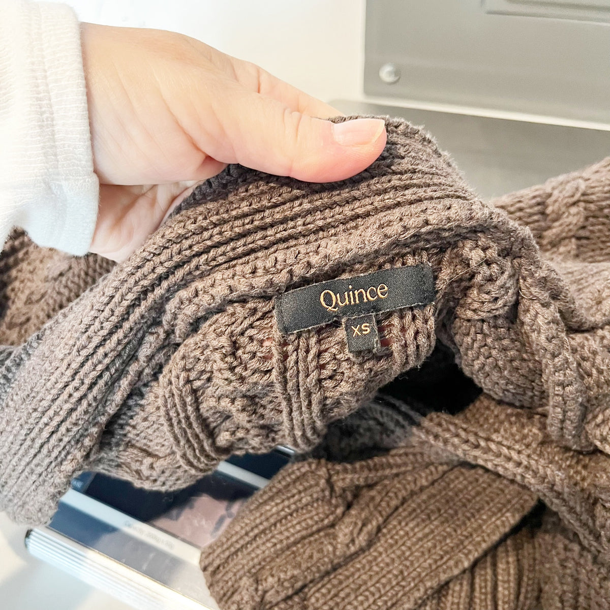Quince Organic Cotton Oversized Cable Cardigan Sweater Heather Brown XS