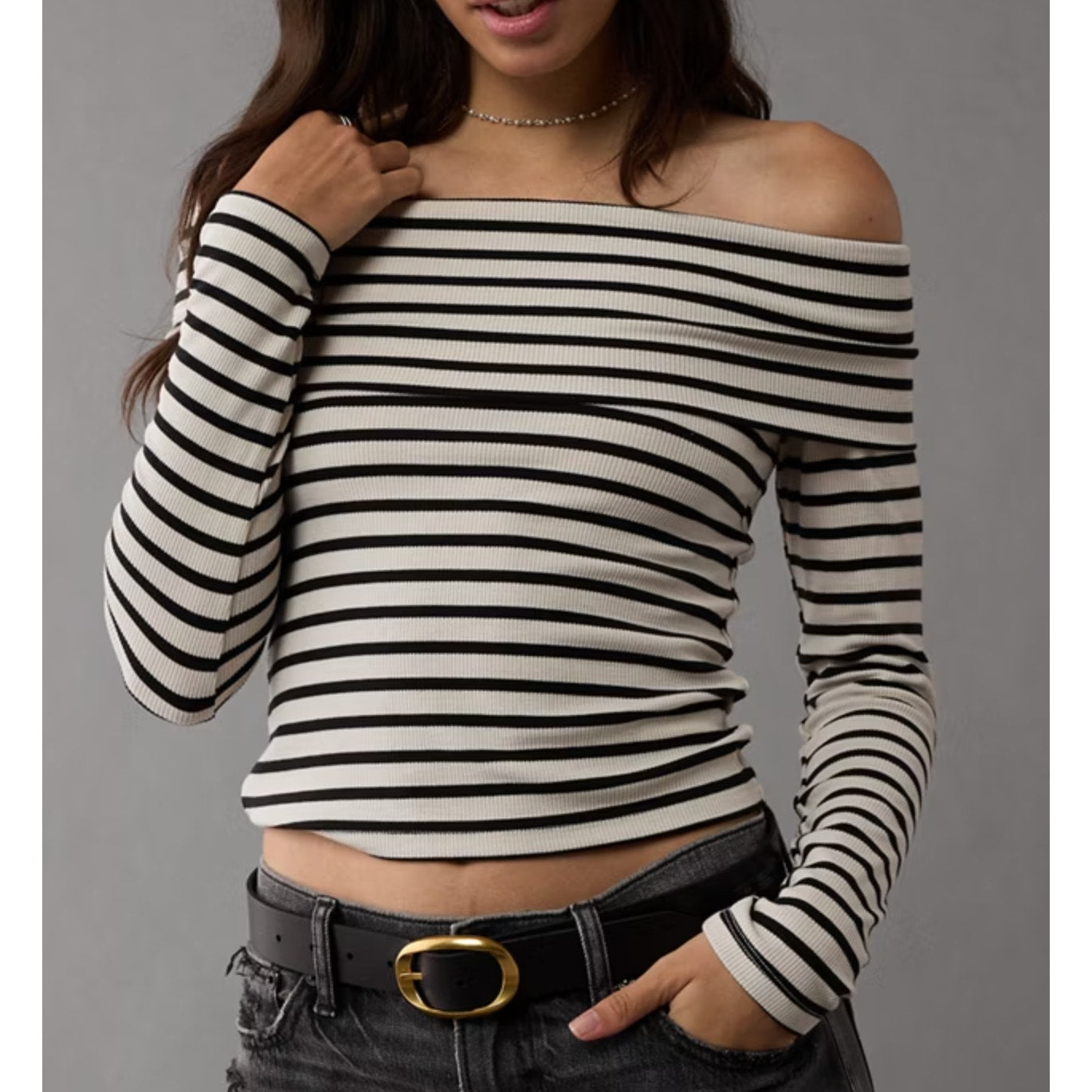 American Eagle Off The Shoulder Long Sleeve Ribbed Striped Top Cream Green M