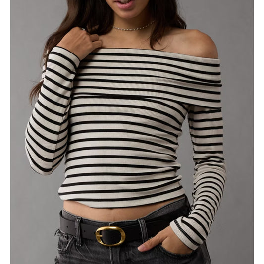 American Eagle Off The Shoulder Long Sleeve Ribbed Striped Top Cream Green M