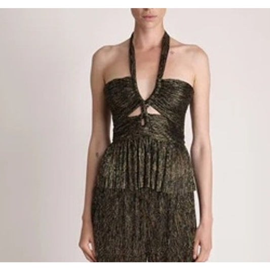 Sabina Musayev Akira Plisse Peplum Metallic Halter Tank Top Black Gold XS