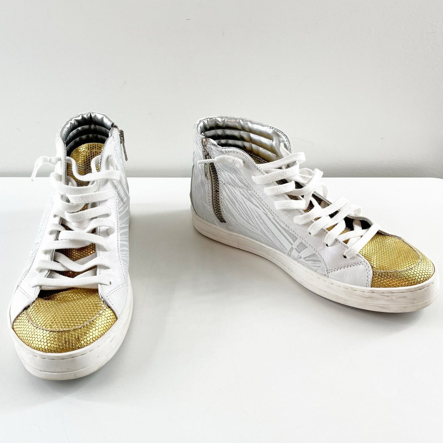 P448 Palm Print Leather High Top Active Lace Up Skate Sneaker White Dusty 37