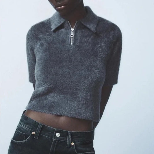 Zara Short Sleeve 1/4 Zip Collared Cropped Faux Polo Top Charcoal Gray Medium