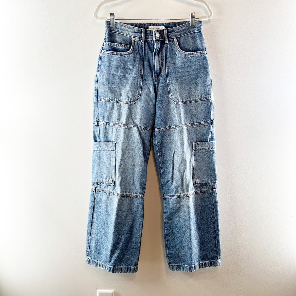 Avec Les Filles High Rise Wide Leg Carpenter Cargo Jeans Blue 26