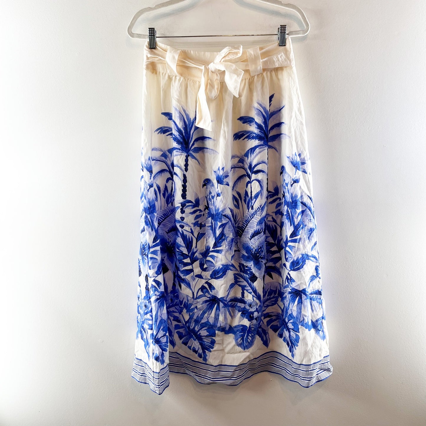 Zara Tropical Print High Waisted Tie Waist A-Line Maxi Skirt Cream Blue Medium