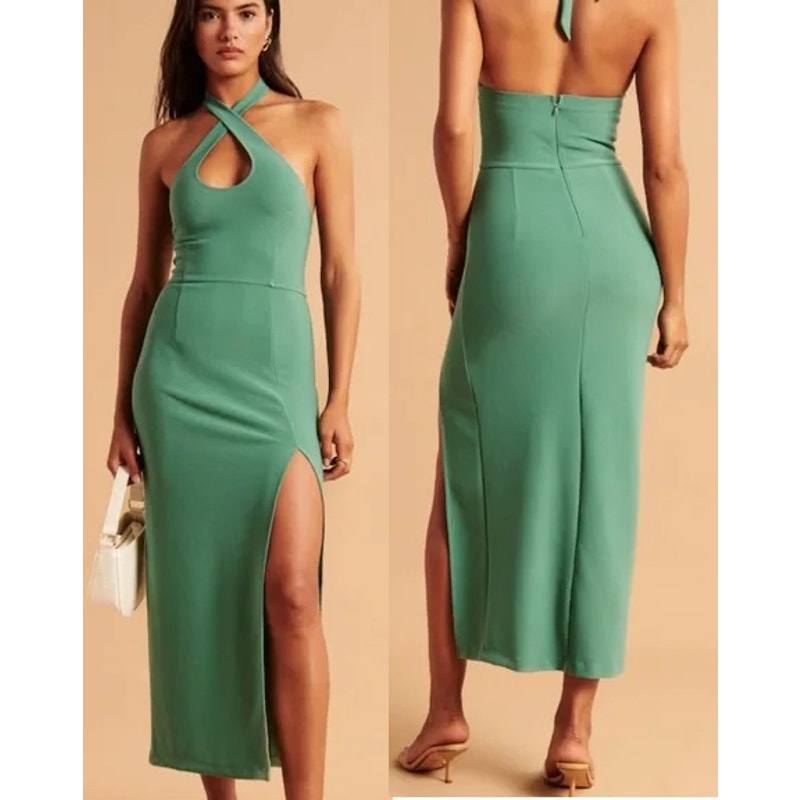 Abercrombie & Fitch Sleeveless Keyhole Halter Side Slit Midi Dress Sage Green M